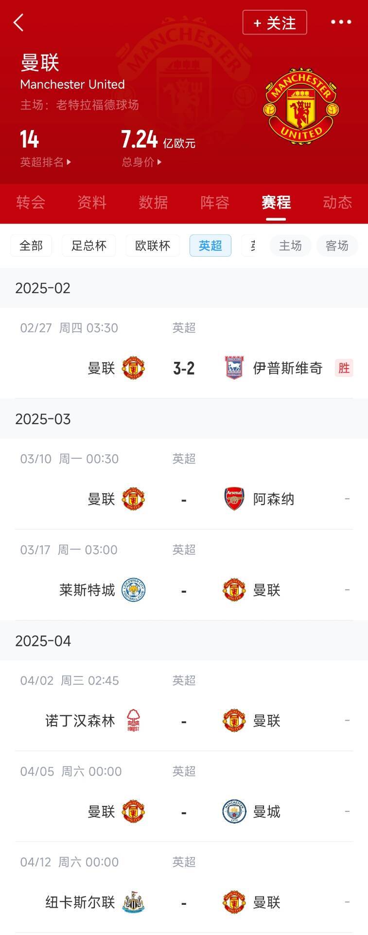  藍狐救一下？曼聯(lián)未來5輪將遭遇英超2/3/4/6名：槍手森林曼城紐卡