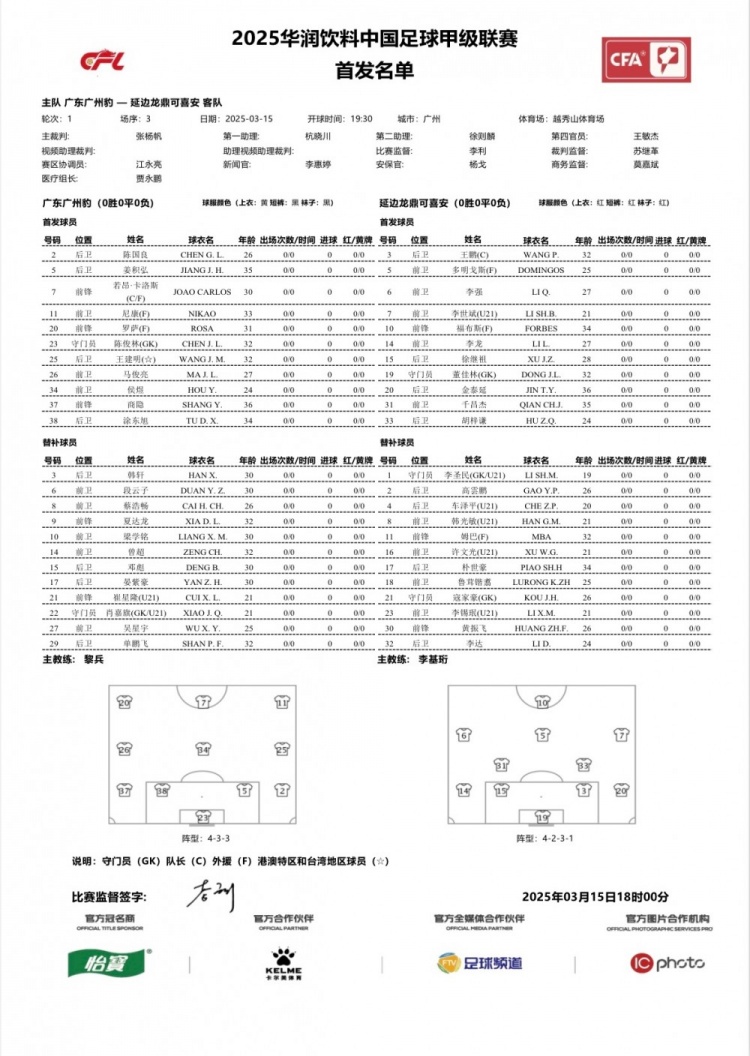 廣州豹vs延邊龍鼎首發(fā)：卡洛斯、羅薩、尼康三外援領(lǐng)銜廣州豹