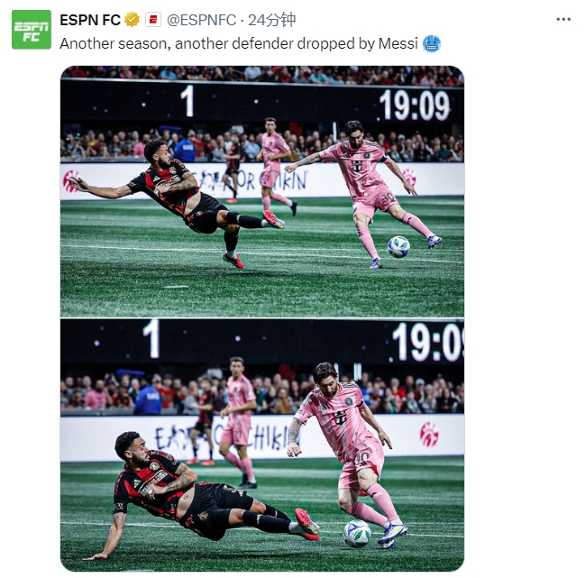  名場(chǎng)面記錄！ESPN曬照：又一個(gè)賽季，又一名后衛(wèi)被梅西扣倒