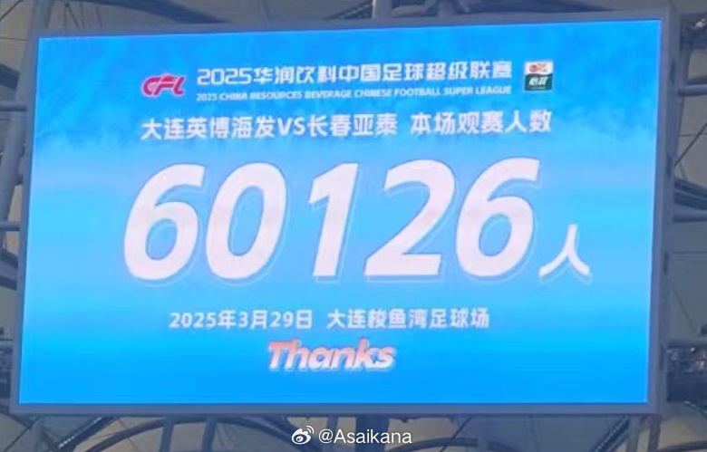  中超歷史第二！英博首個中超主場觀眾60126名 僅次2012年南京奧體